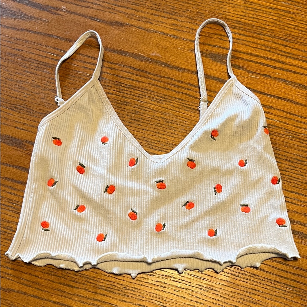 Urban Outfitters Ribbed Cream V-Neck Crop Top with Peach Fruit Embroidery Medium